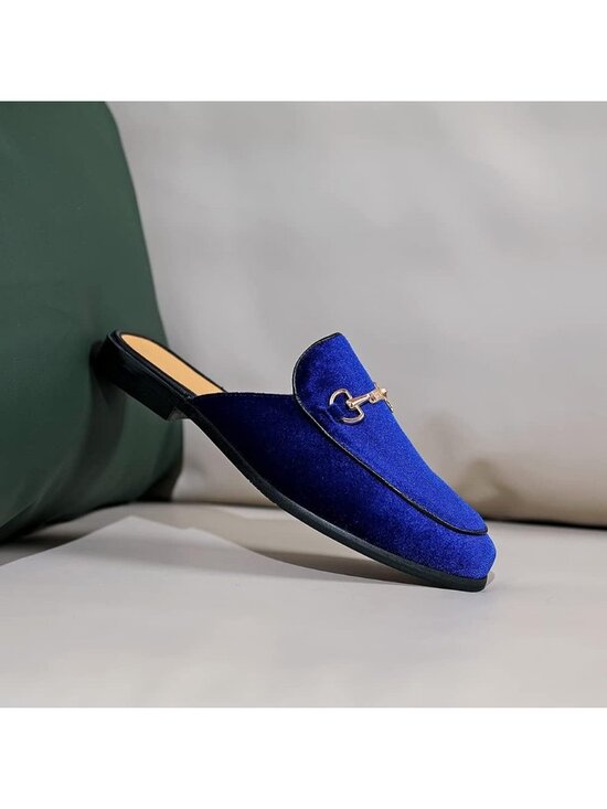 Men\'s Blue Rubber Sole Velvet Leather Gold Buckle Slip On Penny Loafer Slippers main image 5